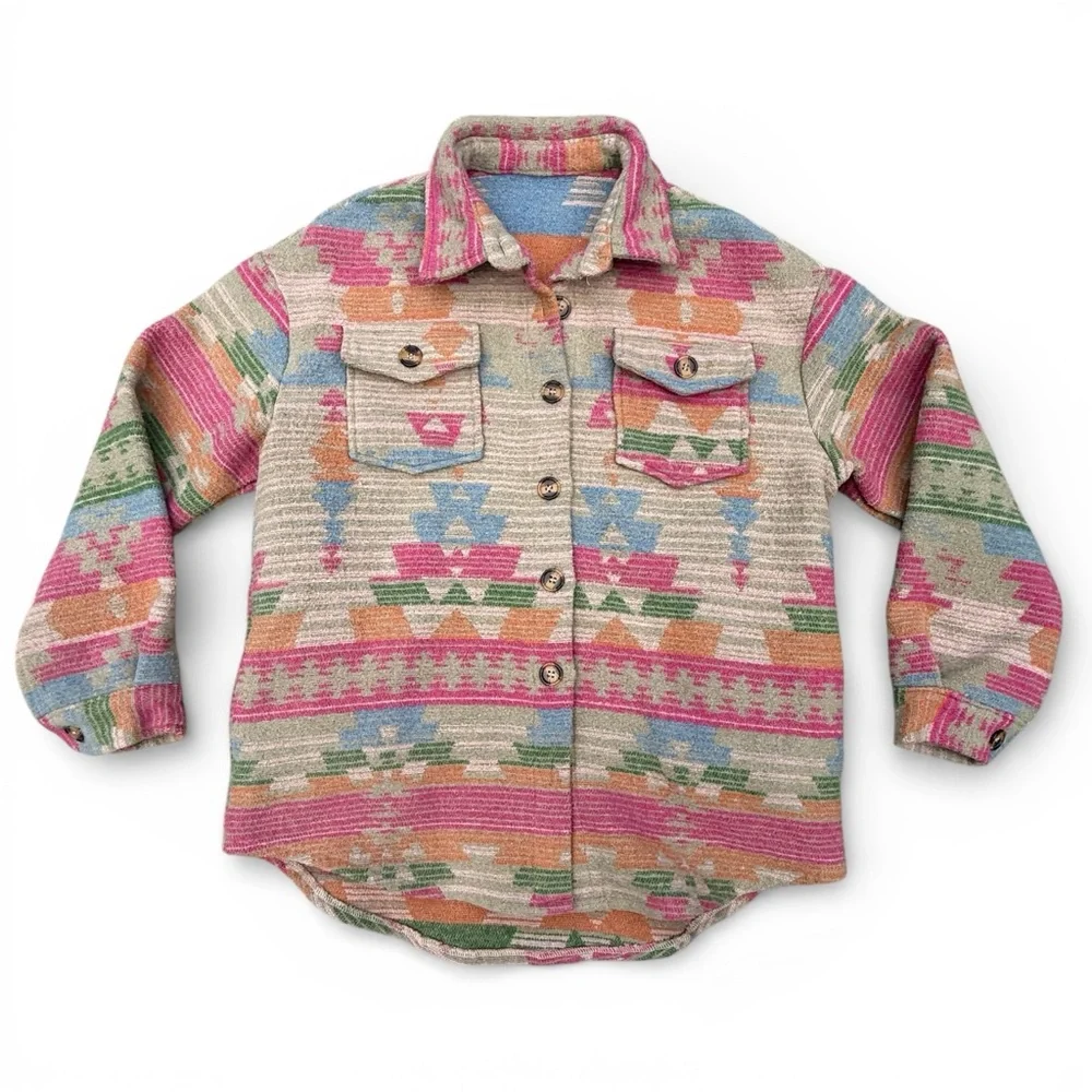 Pink Western Aztec Southwestern Button Flap Pocket Collared Shacket Small